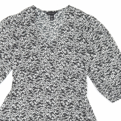 New Look Womens Black Floral Polyester Skater Dress Size 8 V-Neck Zip