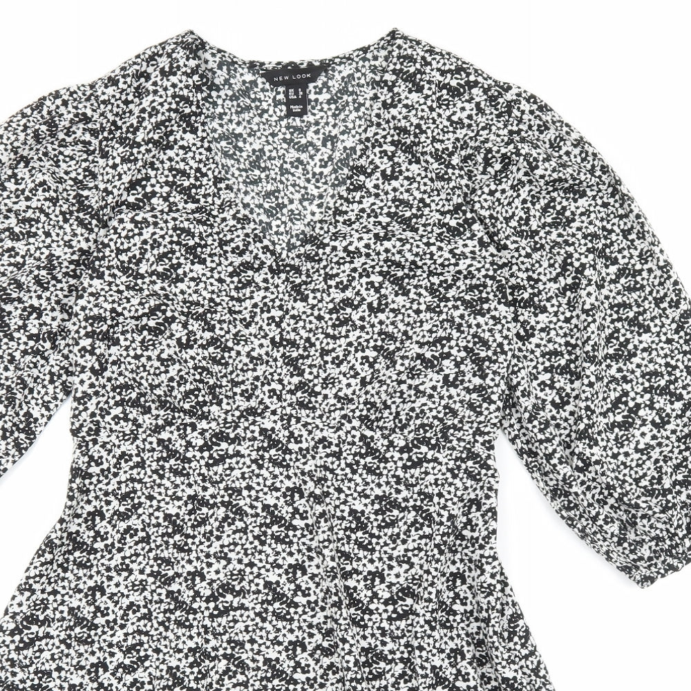 New Look Womens Black Floral Polyester Skater Dress Size 8 V-Neck Zip