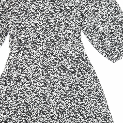 New Look Womens Black Floral Polyester Skater Dress Size 8 V-Neck Zip