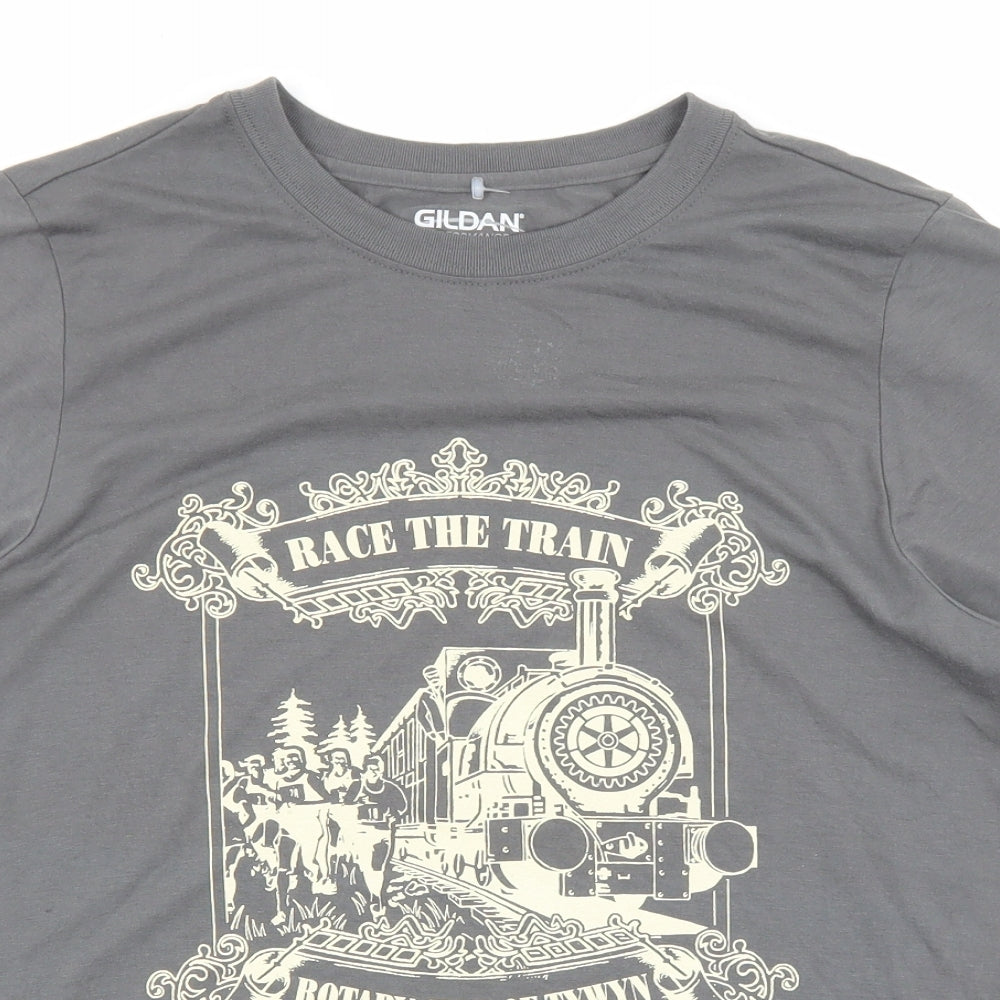 Gildan Mens Grey Polyester T-Shirt Size M Round Neck