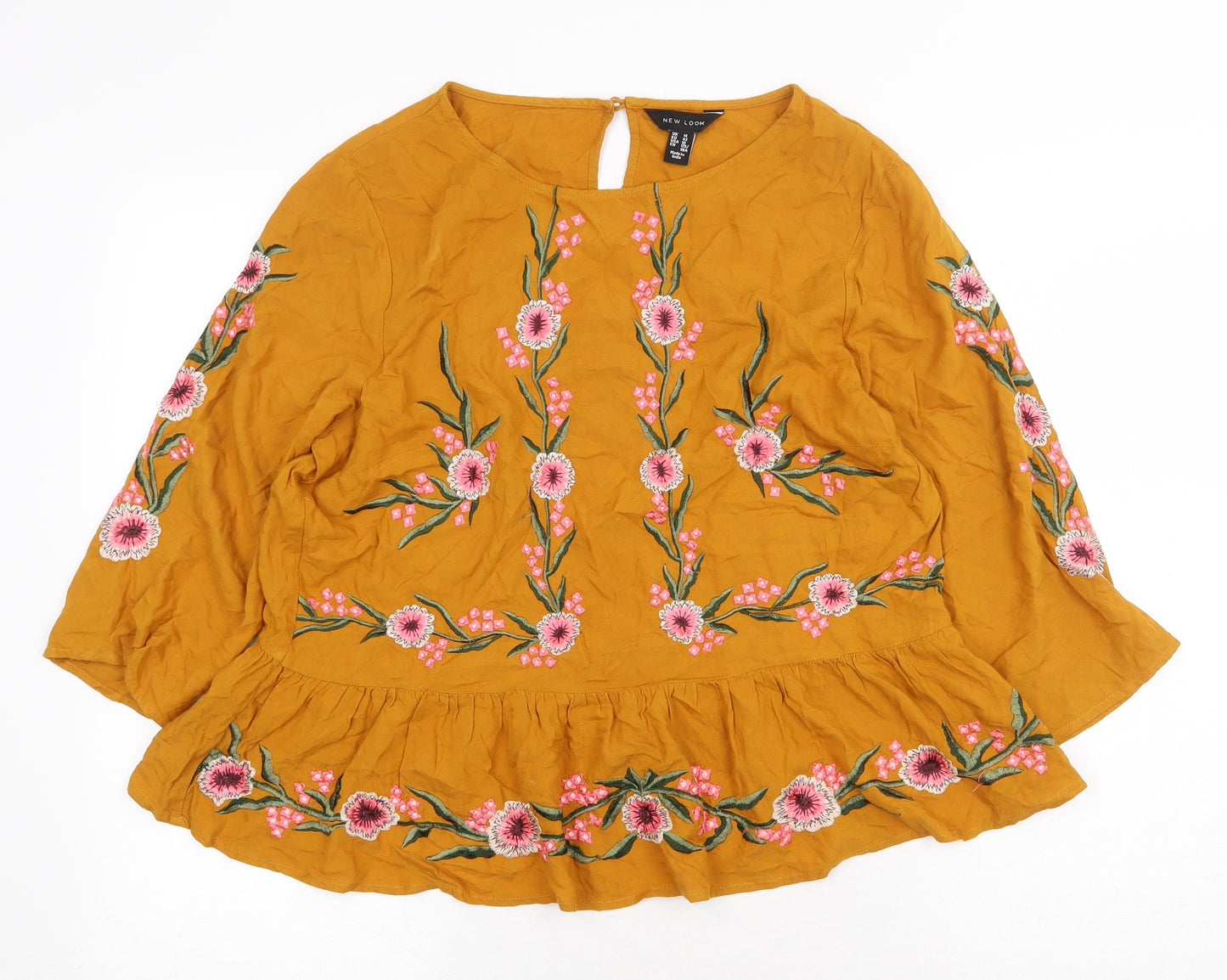 New Look Womens Yellow Floral Viscose Basic Blouse Size 14 Boat Neck