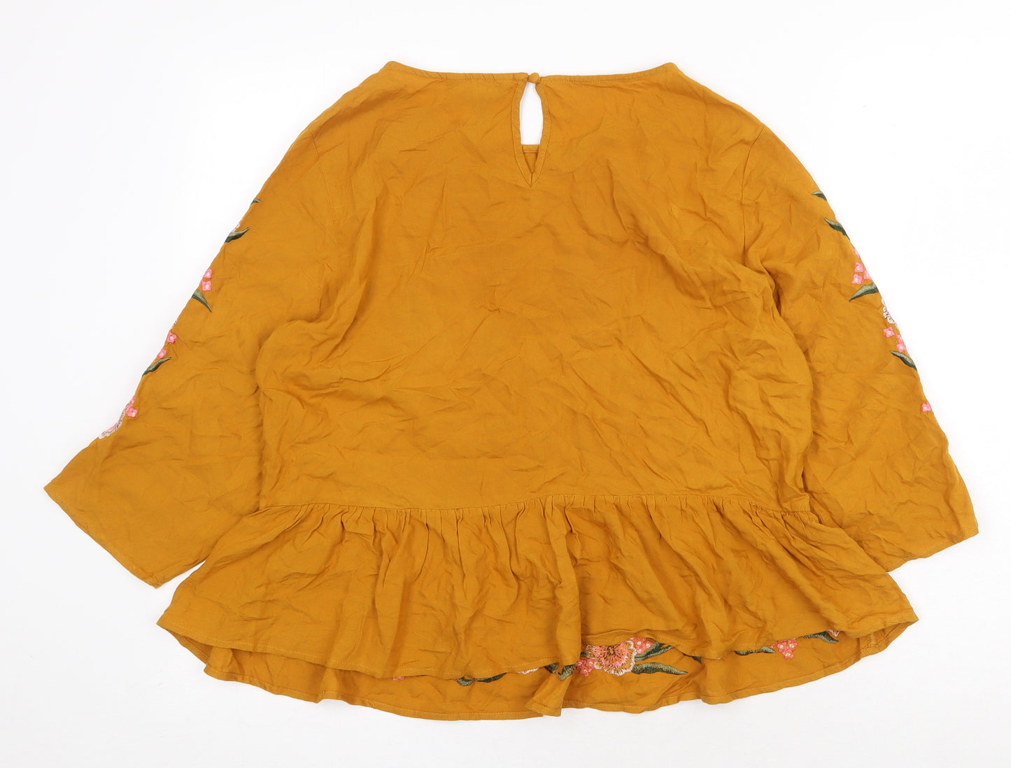 New Look Womens Yellow Floral Viscose Basic Blouse Size 14 Boat Neck