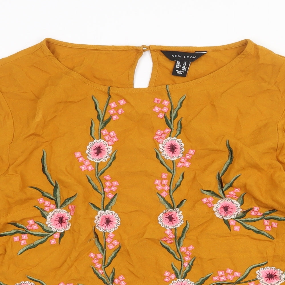 New Look Womens Yellow Floral Viscose Basic Blouse Size 14 Boat Neck
