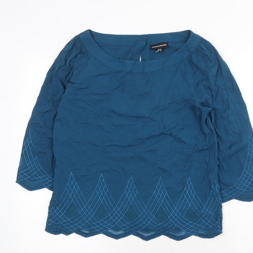 Warehouse Womens Green Geometric Viscose Basic Blouse Size 10 Boat Neck