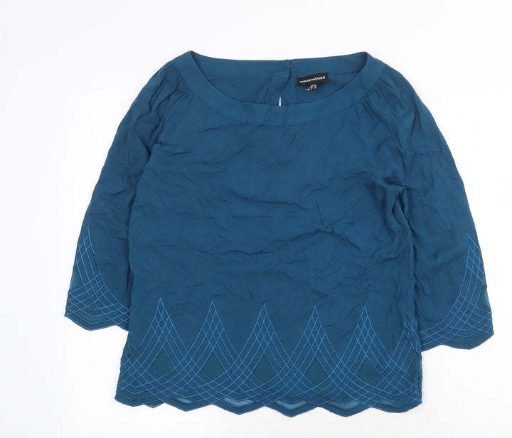 Warehouse Womens Green Geometric Viscose Basic Blouse Size 10 Boat Neck