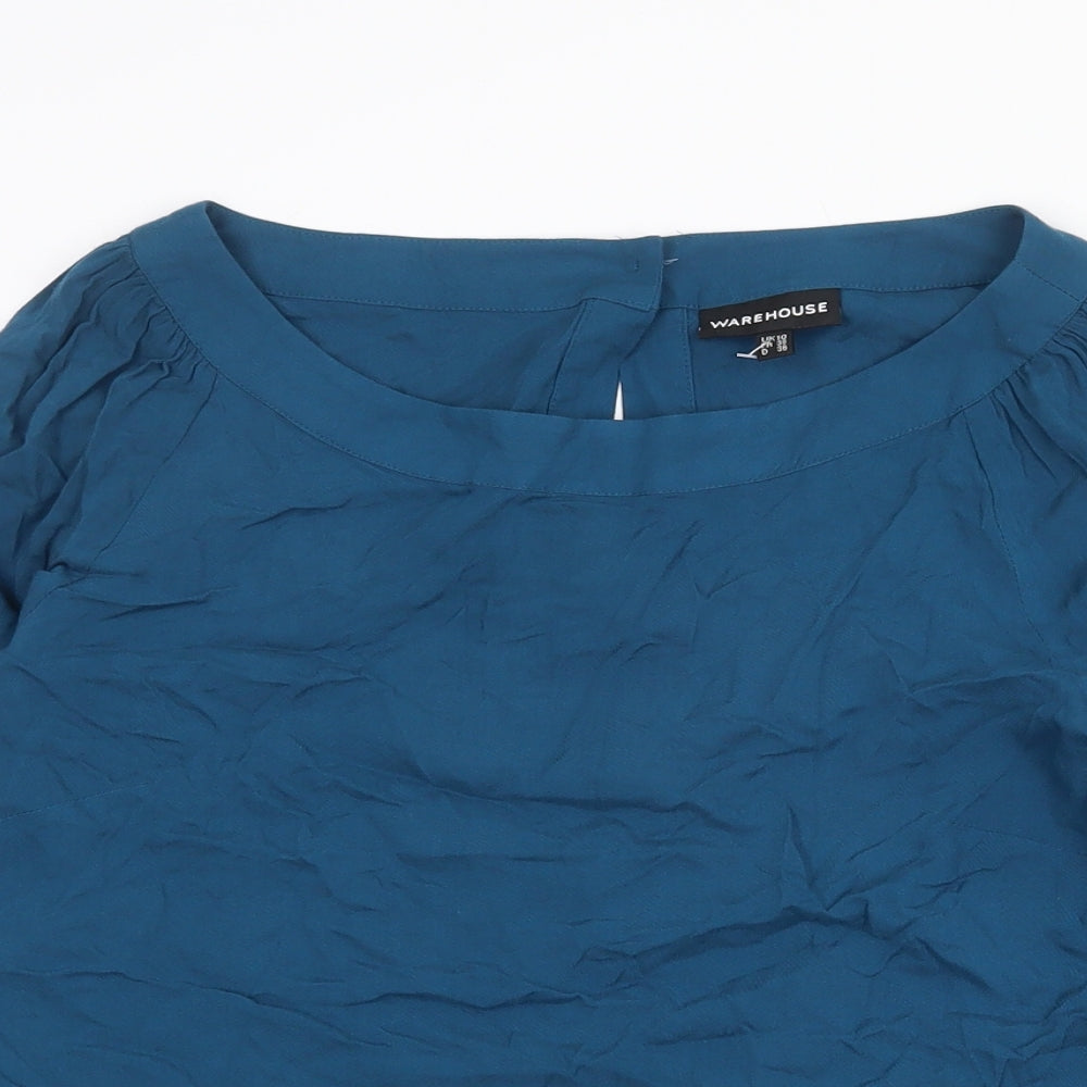 Warehouse Womens Green Geometric Viscose Basic Blouse Size 10 Boat Neck