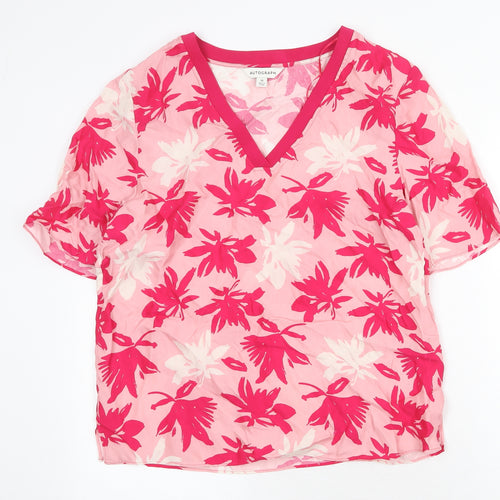 Autograph Womens Pink Floral Viscose Basic T-Shirt Size 10 V-Neck