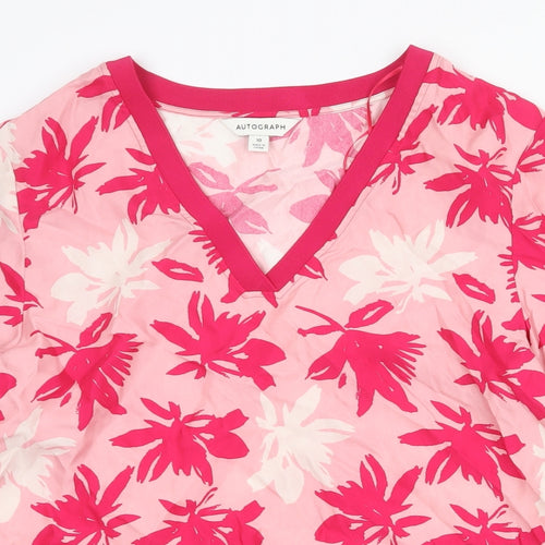 Autograph Womens Pink Floral Viscose Basic T-Shirt Size 10 V-Neck