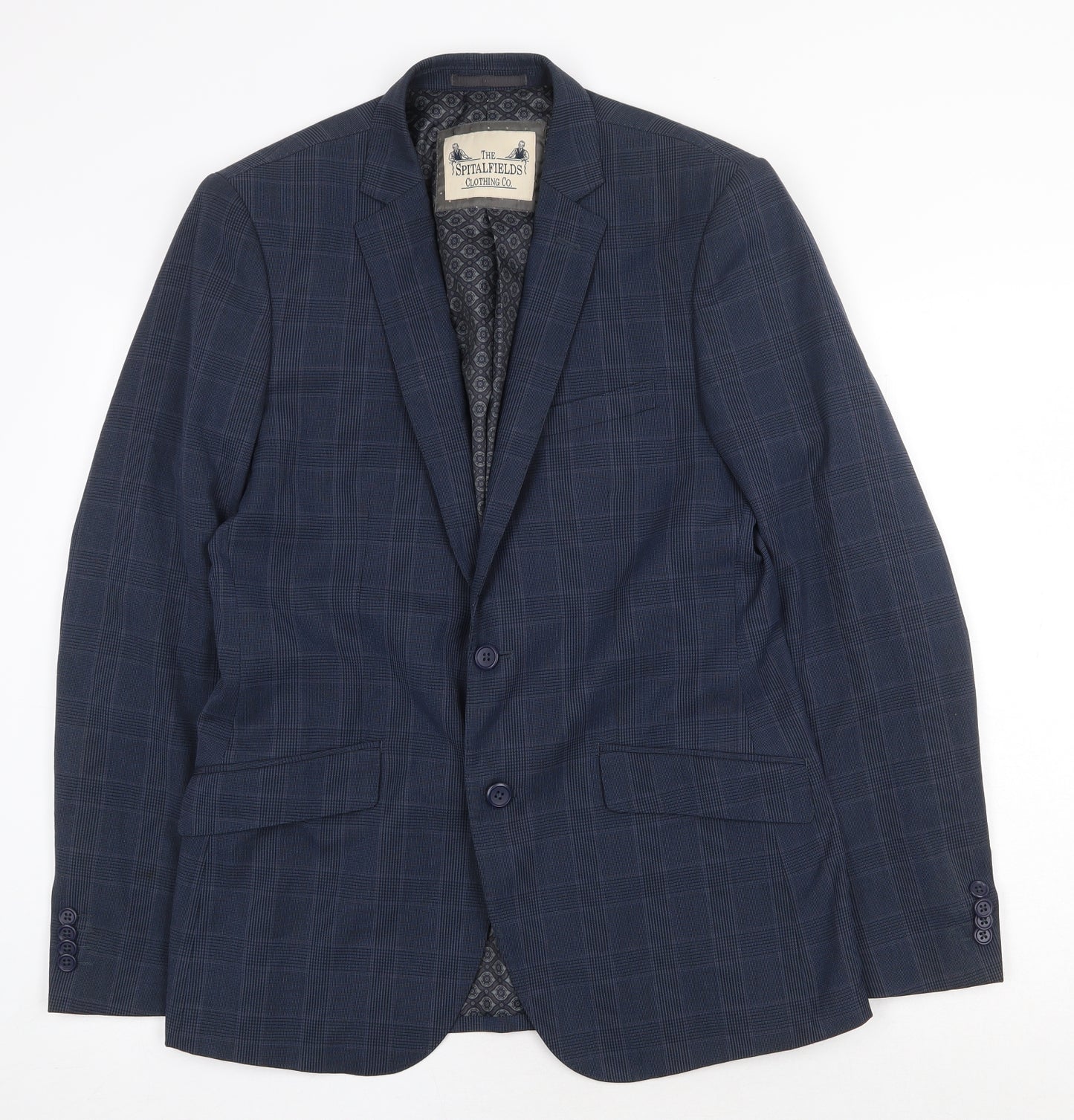 The Spitalfields Shirt Co Mens Blue Plaid Polyester Jacket Blazer Size 40