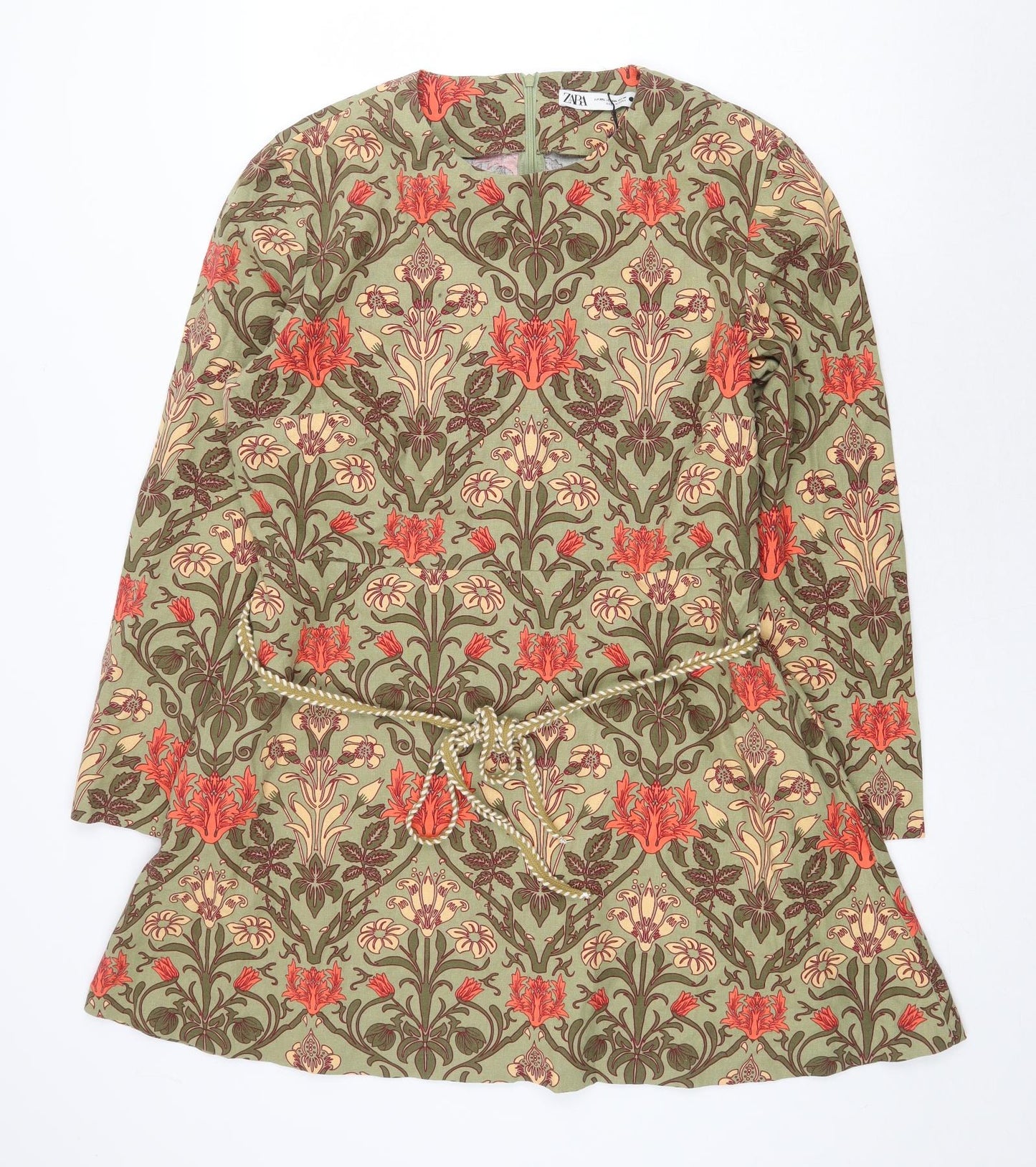 Zara Womens Green Geometric Linen A-Line Size 2XL Round Neck Zip