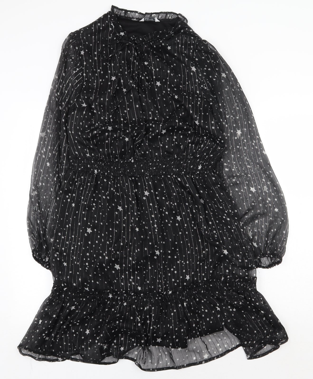 Papaya Womens Black Geometric Polyester Fit & Flare Size 16 Mock Neck Tie - Star Print