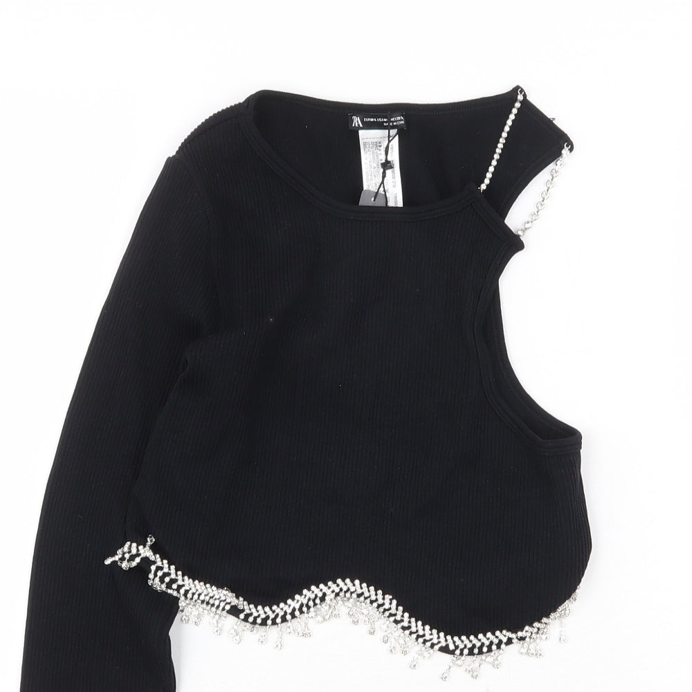 Zara Womens Black Nylon Basic T-Shirt Size M One Shoulder