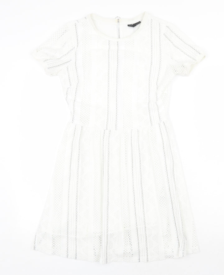 Topshop Womens White Striped Polyester Fit & Flare Size 8 Round Neck Zip