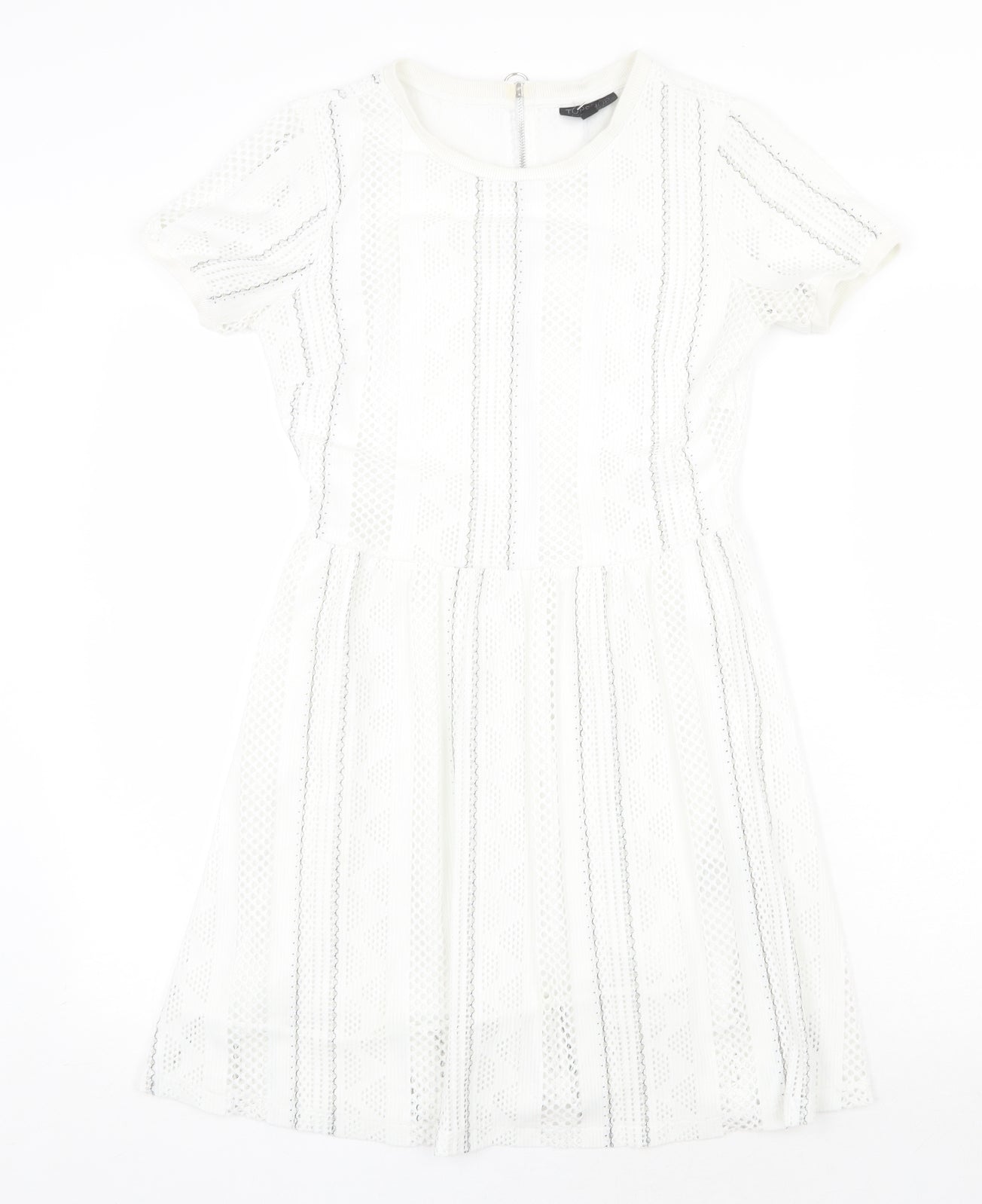 Topshop Womens White Striped Polyester Fit & Flare Size 8 Round Neck Zip