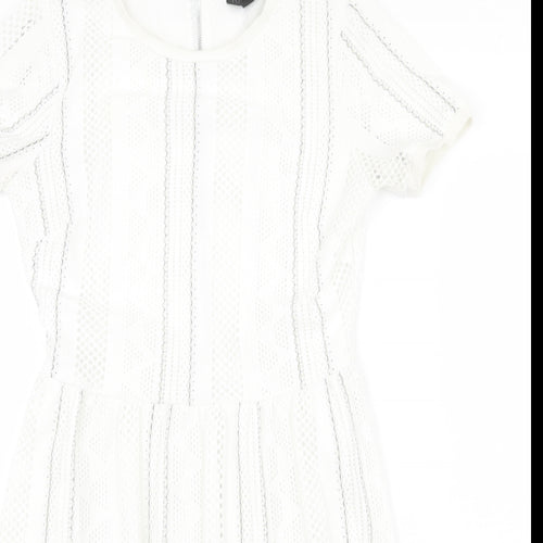 Topshop Womens White Striped Polyester Fit & Flare Size 8 Round Neck Zip