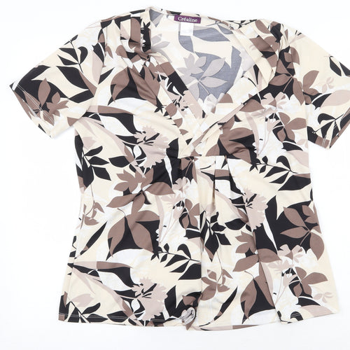 Crealine Womens Beige Geometric Polyester Basic T-Shirt Size 14 V-Neck - Leaf Print