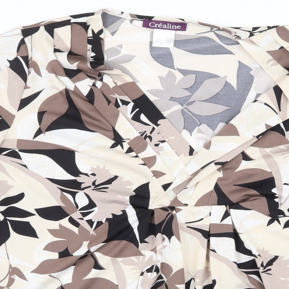 Crealine Womens Beige Geometric Polyester Basic T-Shirt Size 14 V-Neck - Leaf Print