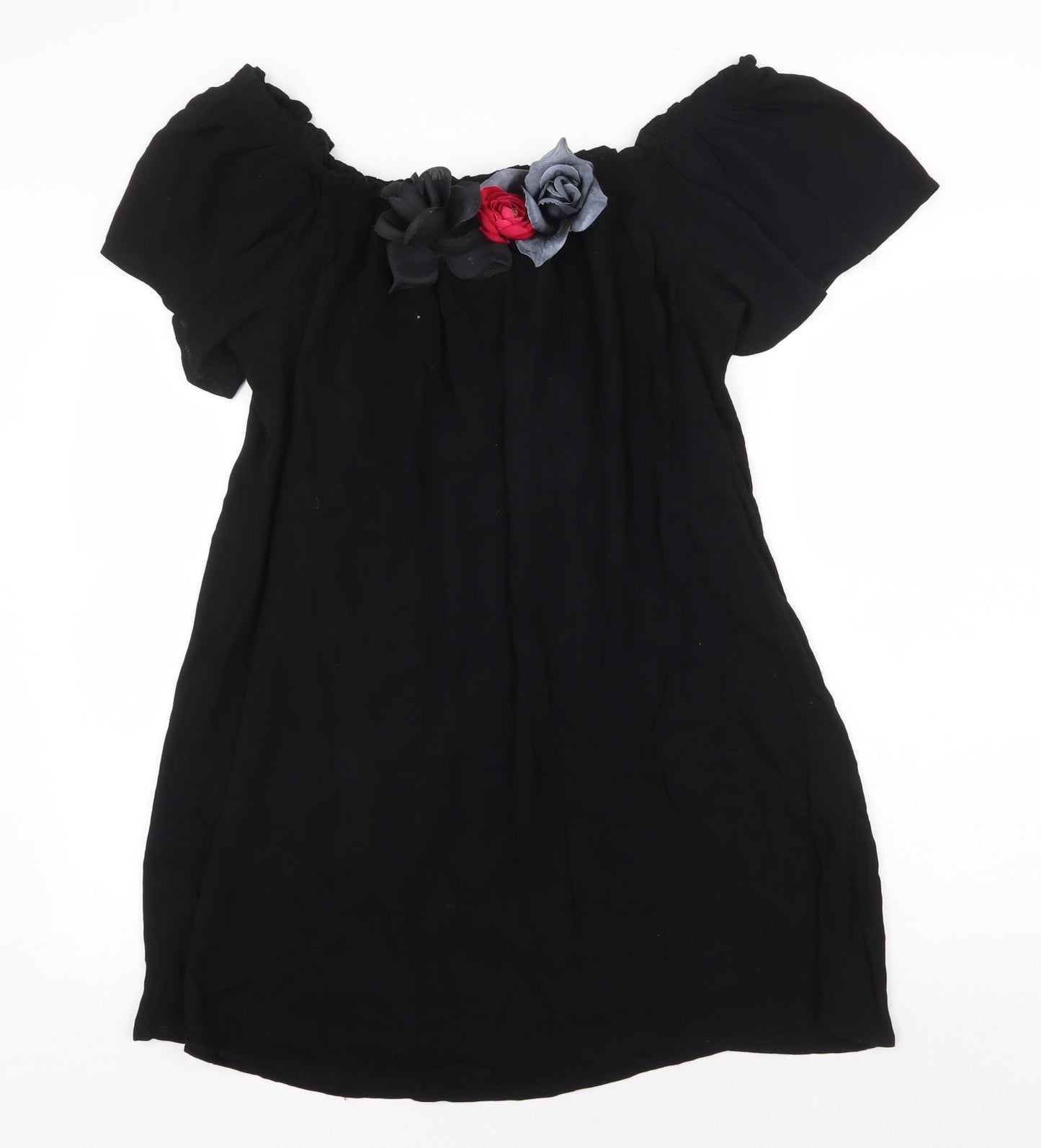 Jeff & Co Womens Black Viscose Mini Size 14 Off the Shoulder Pullover - 3D Flower Detail
