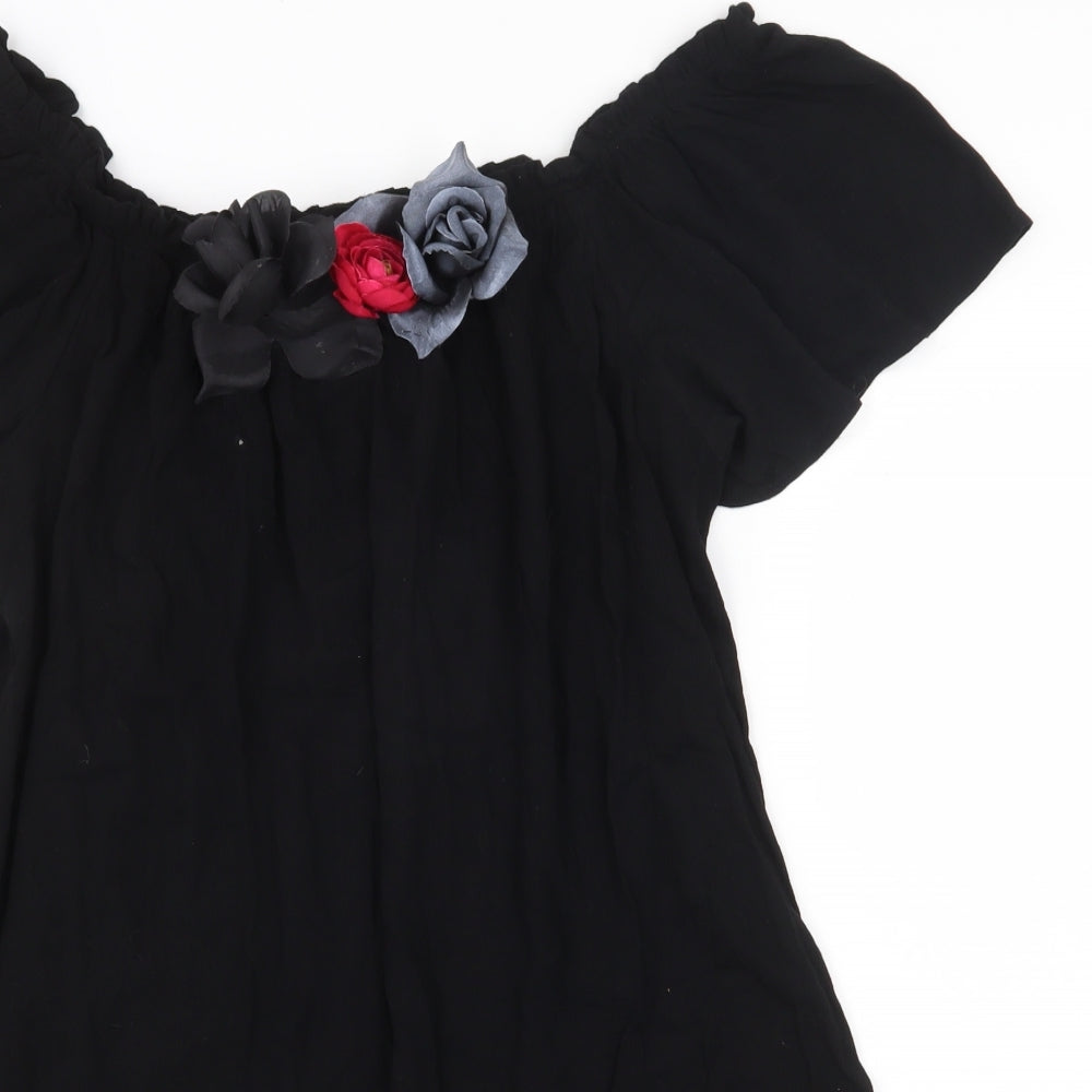 Jeff & Co Womens Black Viscose Mini Size 14 Off the Shoulder Pullover - 3D Flower Detail
