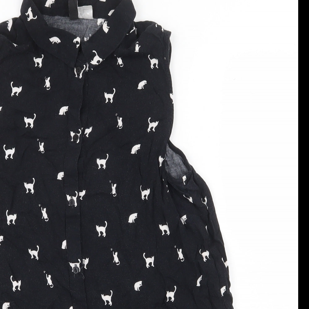 H&M Womens Black Geometric Viscose Basic Tank Size 8 V-Neck - Cats print