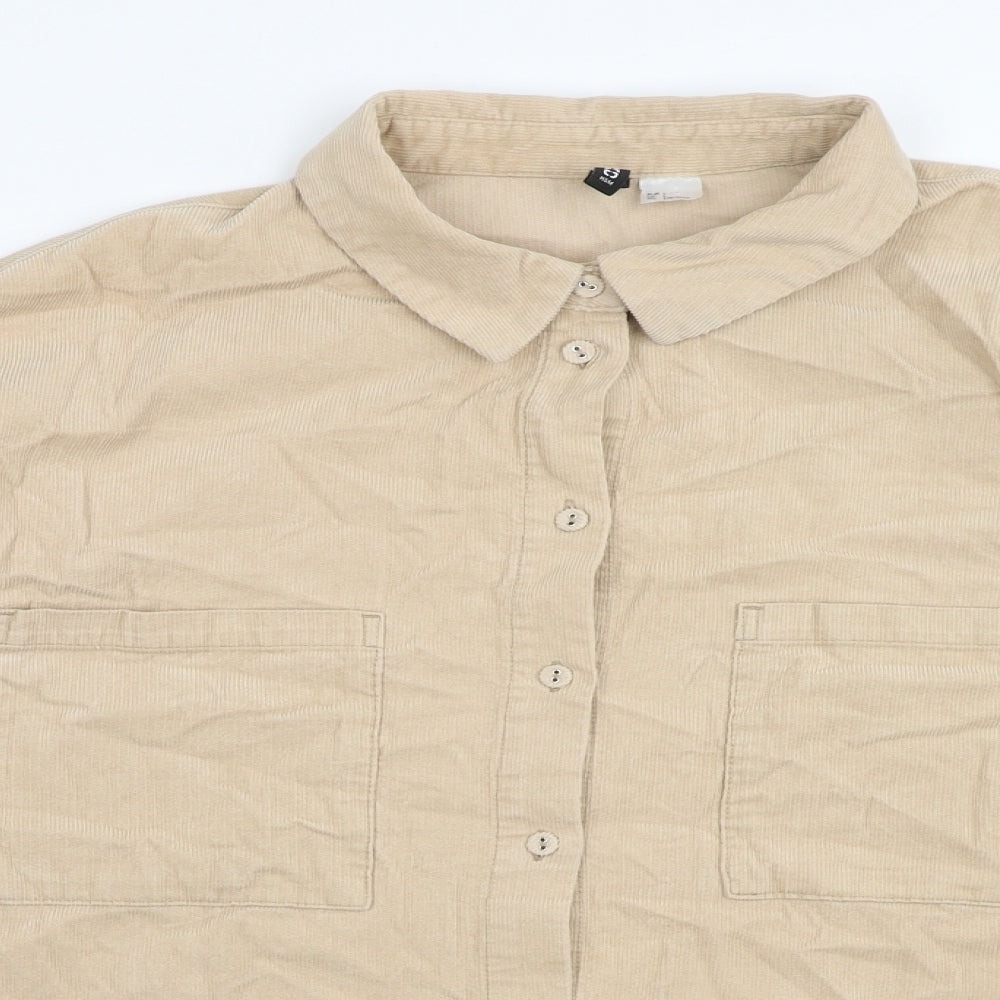 H&M Mens Beige Cotton Button-Up Size L Collared Button