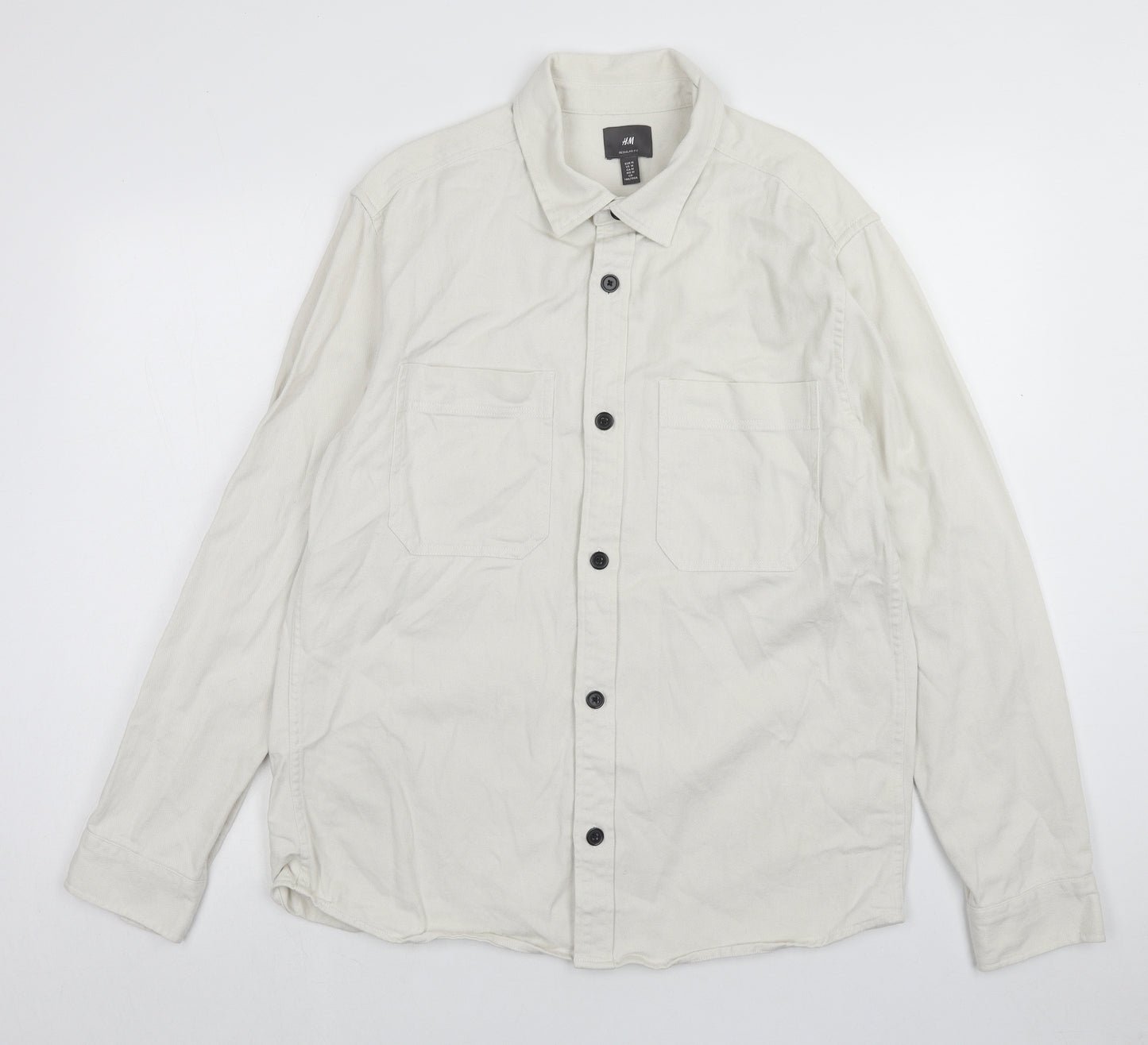 H&M Mens White Cotton Button-Up Size M Collared Button