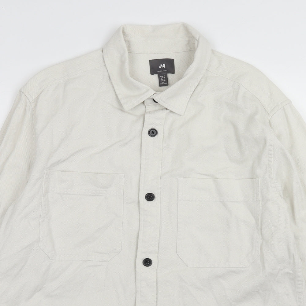 H&M Mens White Cotton Button-Up Size M Collared Button