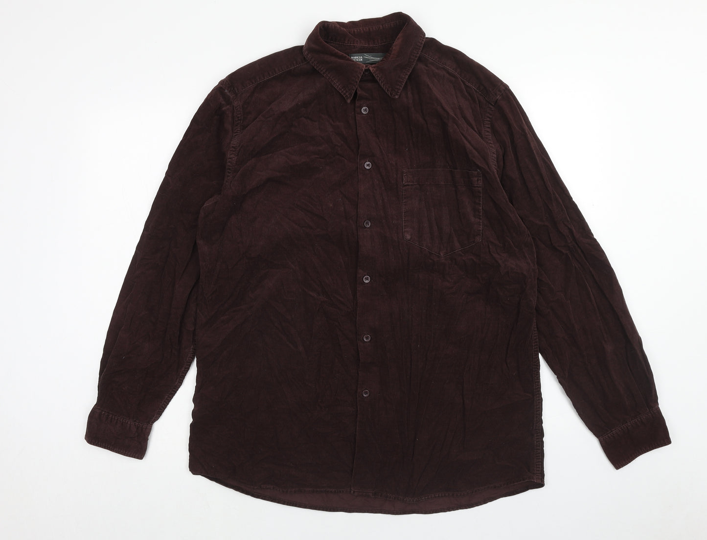 Marks and Spencer Mens Brown Cotton Button-Up Size M Collared Button