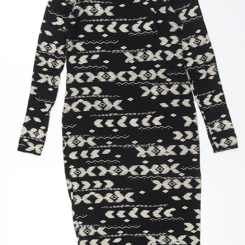 High Rose Womens Black Geometric Viscose Bodycon Size S Boat Neck Pullover