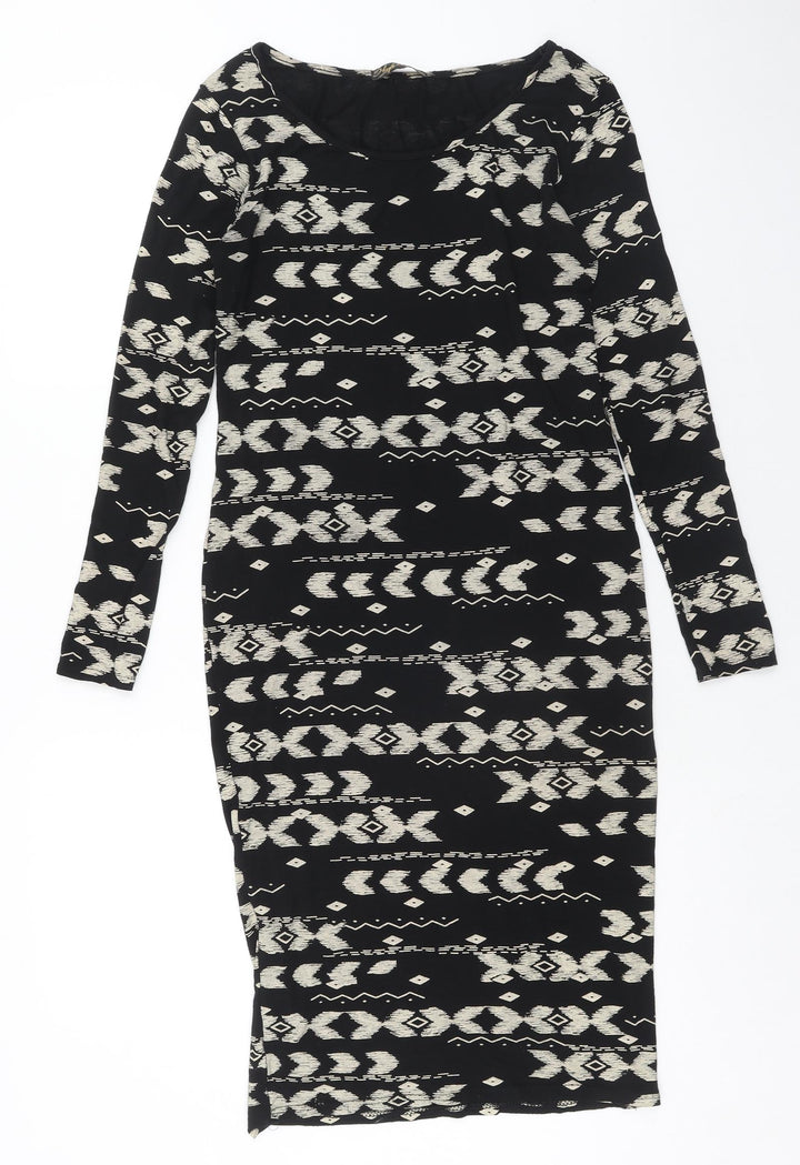 High Rose Womens Black Geometric Viscose Bodycon Size S Boat Neck Pullover