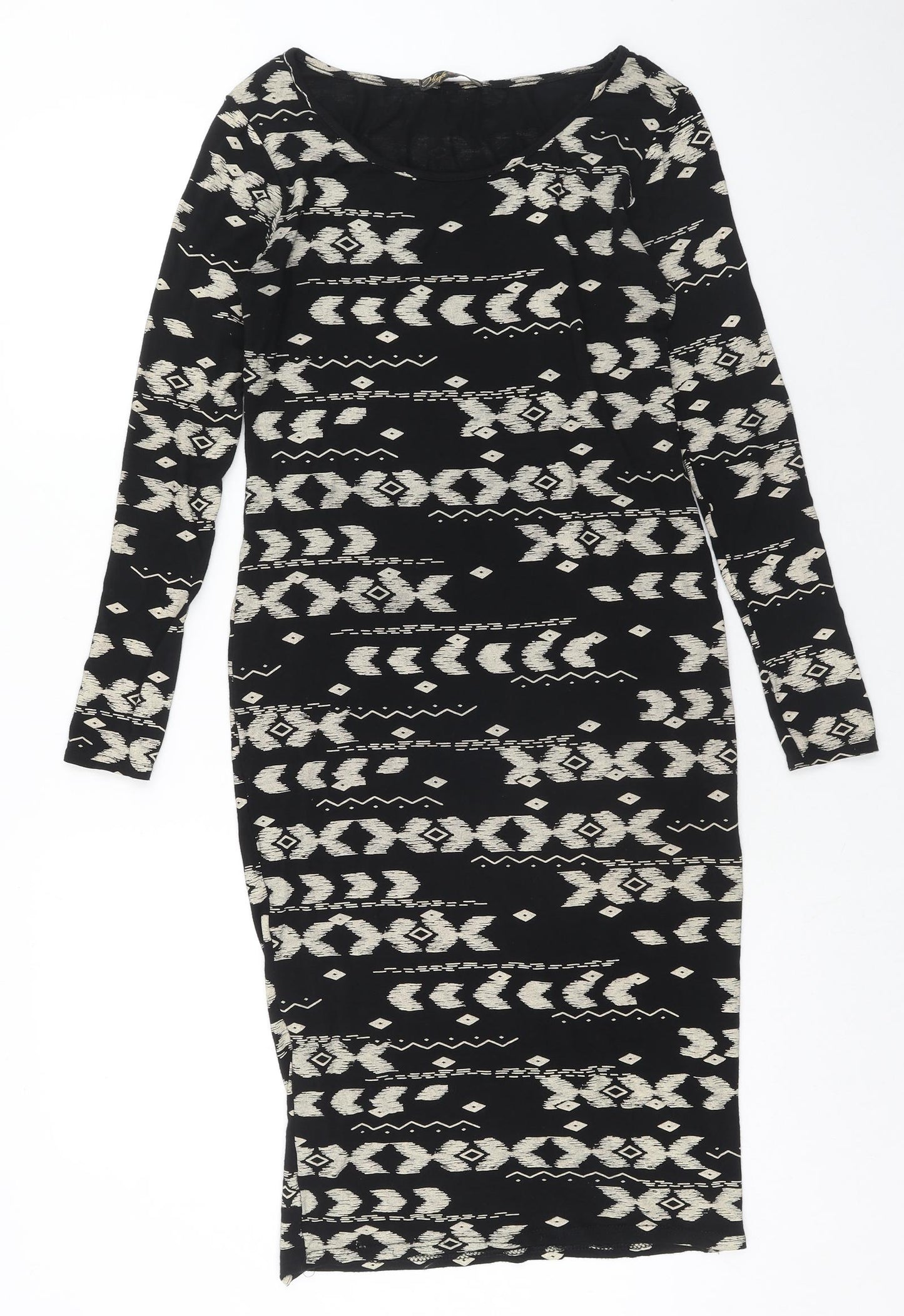 High Rose Womens Black Geometric Viscose Bodycon Size S Boat Neck Pullover