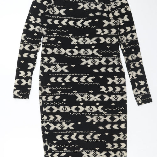 High Rose Womens Black Geometric Viscose Bodycon Size S Boat Neck Pullover