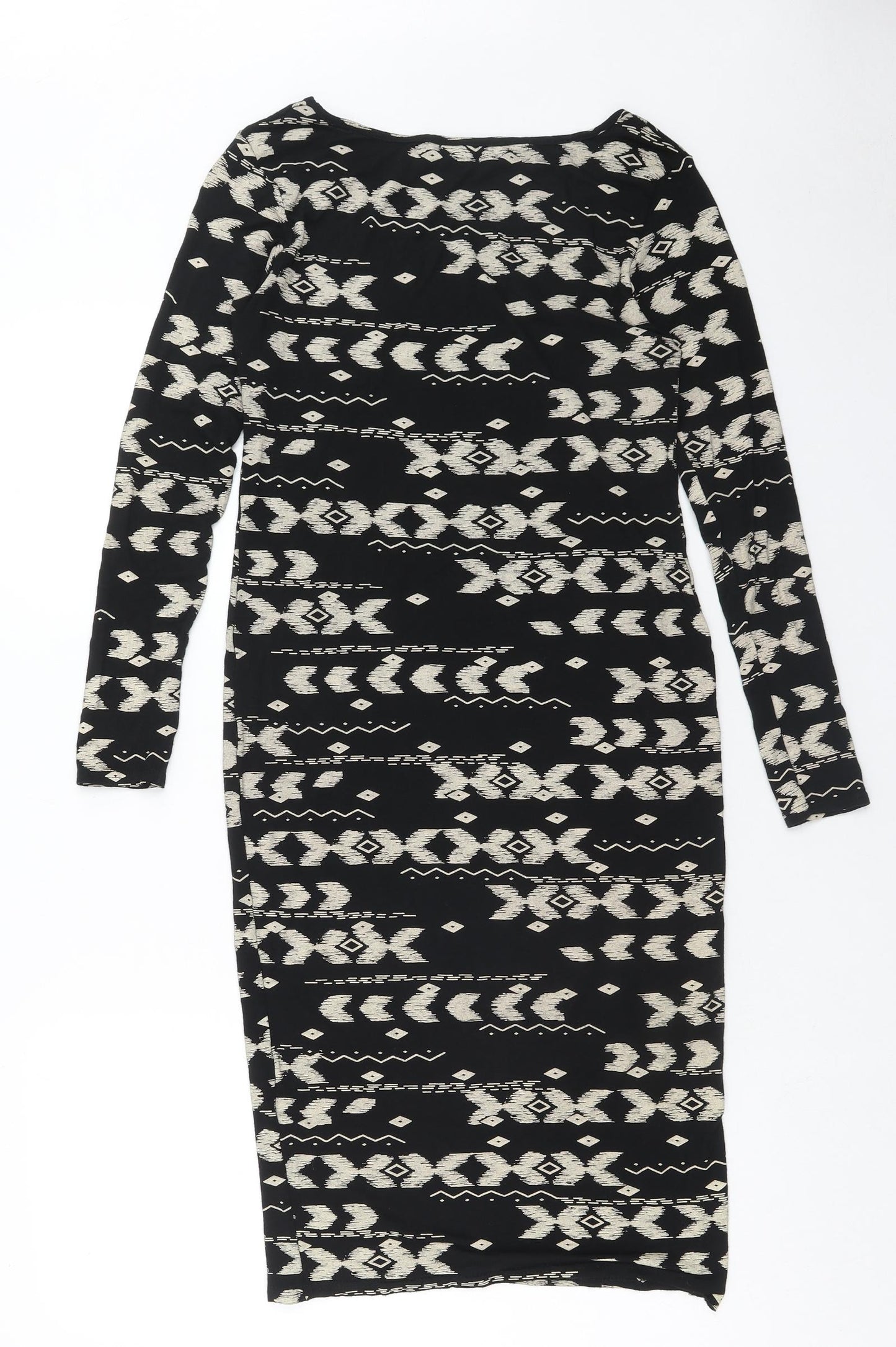 High Rose Womens Black Geometric Viscose Bodycon Size S Boat Neck Pullover