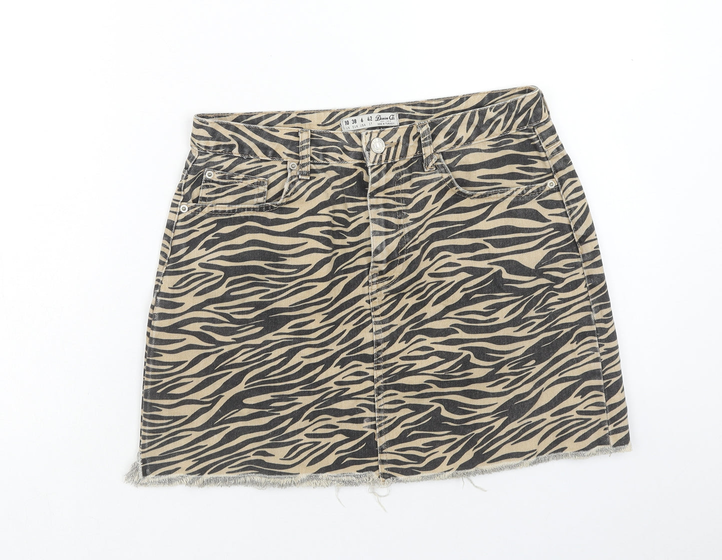 Denim & Co. Womens Brown Animal Print Cotton Mini Skirt Size 10 Button - Tiger Print