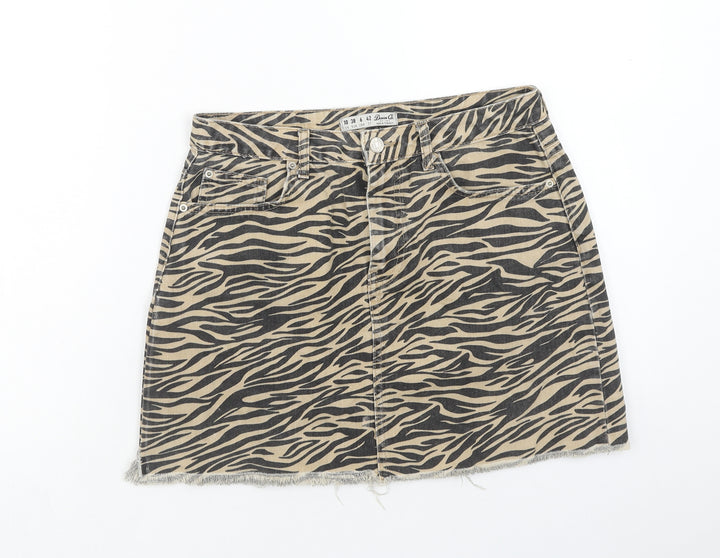 Denim & Co. Womens Brown Animal Print Cotton Mini Skirt Size 10 Button - Tiger Print