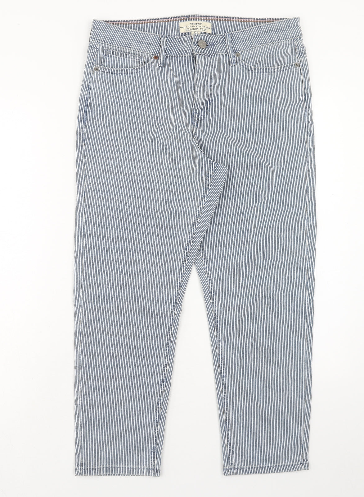 White Stuff Womens Blue Striped Cotton Straight Jeans Size 12 Regular Zip