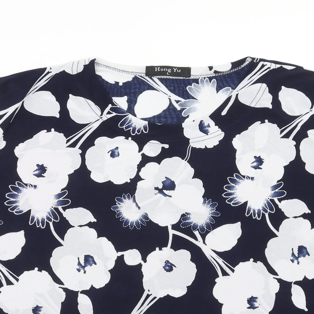 Hongyu Womens Blue Floral Polyester Basic T-Shirt Size L Round Neck