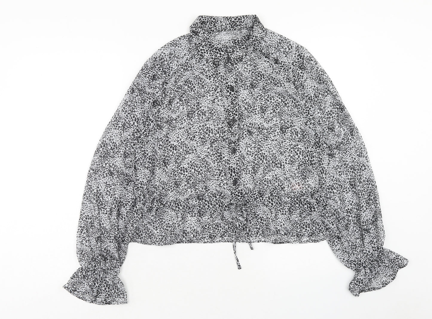 Primark Womens Grey Animal Print Polyester Basic Button-Up Size 12 Collared - Leopard Print
