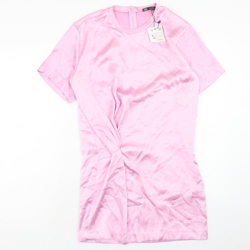 Zara Womens Pink Polyester T-Shirt Dress Size S Round Neck Zip