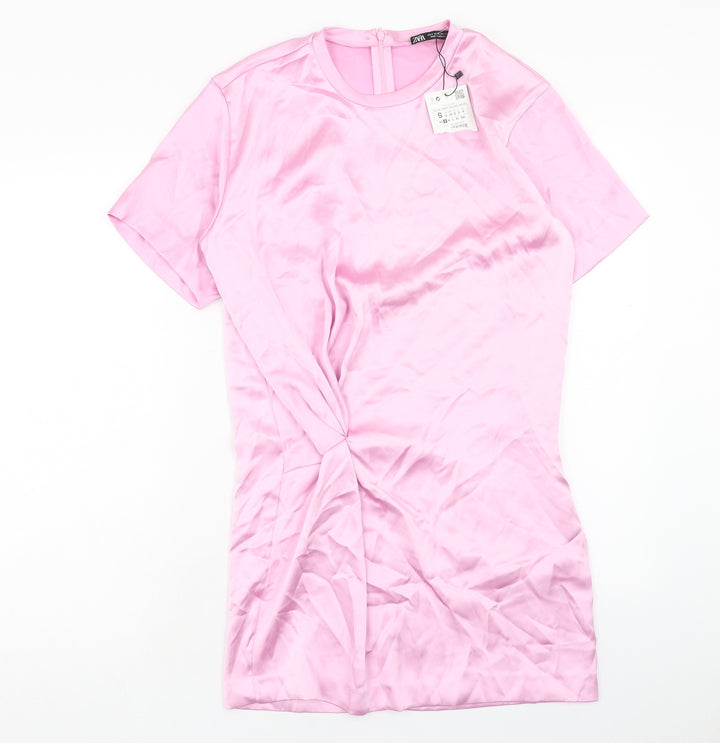 Zara Womens Pink Polyester T-Shirt Dress Size S Round Neck Zip