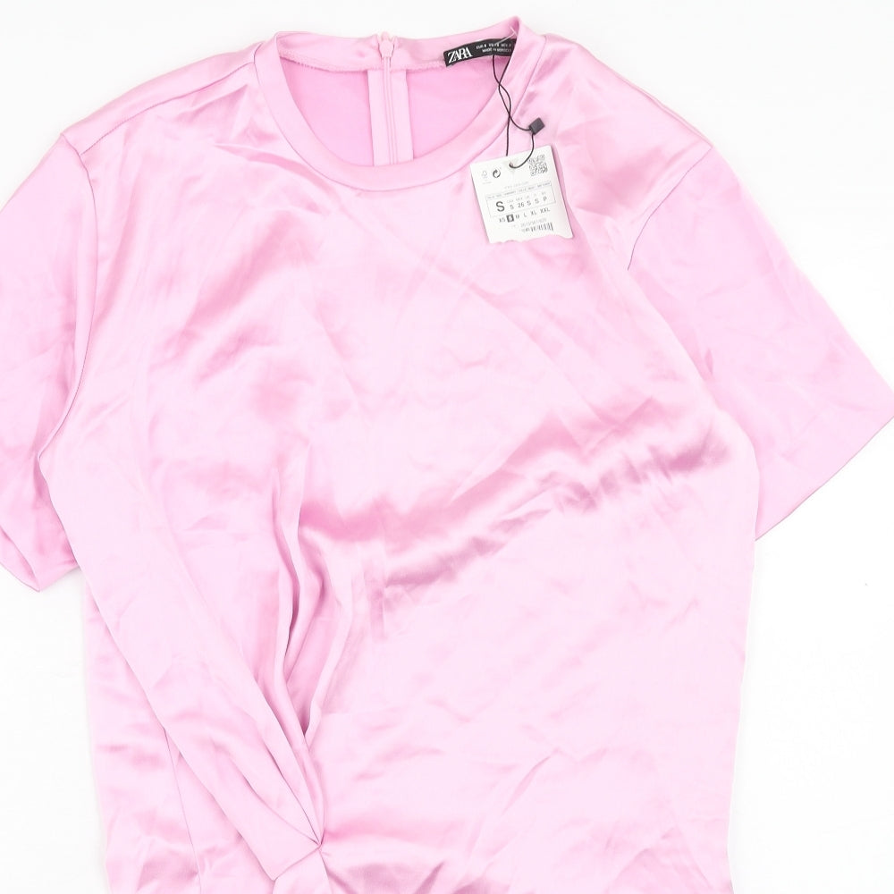 Zara Womens Pink Polyester T-Shirt Dress Size S Round Neck Zip