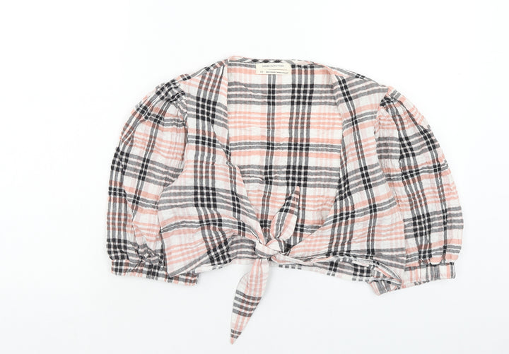 Urban Outfitters Womens Pink Plaid Cotton Cropped Blouse Size S V-Neck
