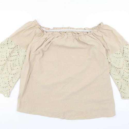 SheIn Womens Beige Cotton Basic Blouse Size L Off the Shoulder - Broderie Anglaise Sleeve