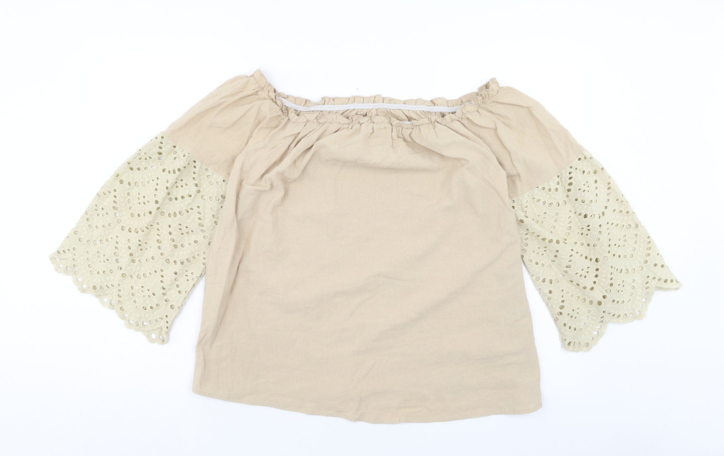 SheIn Womens Beige Cotton Basic Blouse Size L Off the Shoulder - Broderie Anglaise Sleeve