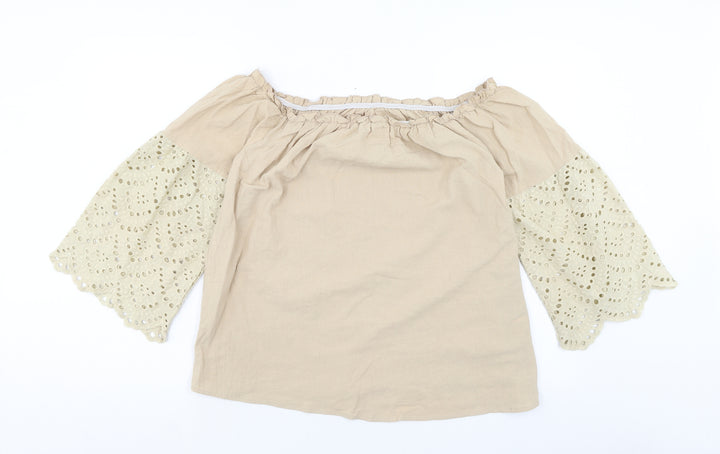 SheIn Womens Beige Cotton Basic Blouse Size L Off the Shoulder - Broderie Anglaise Sleeve
