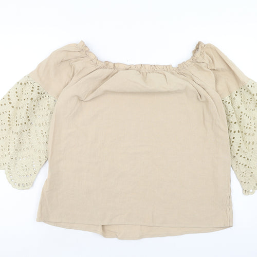 SheIn Womens Beige Cotton Basic Blouse Size L Off the Shoulder - Broderie Anglaise Sleeve