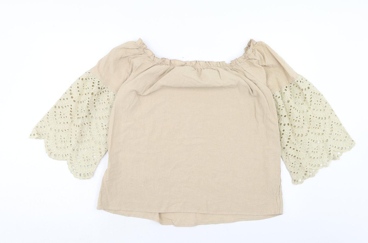 SheIn Womens Beige Cotton Basic Blouse Size L Off the Shoulder - Broderie Anglaise Sleeve
