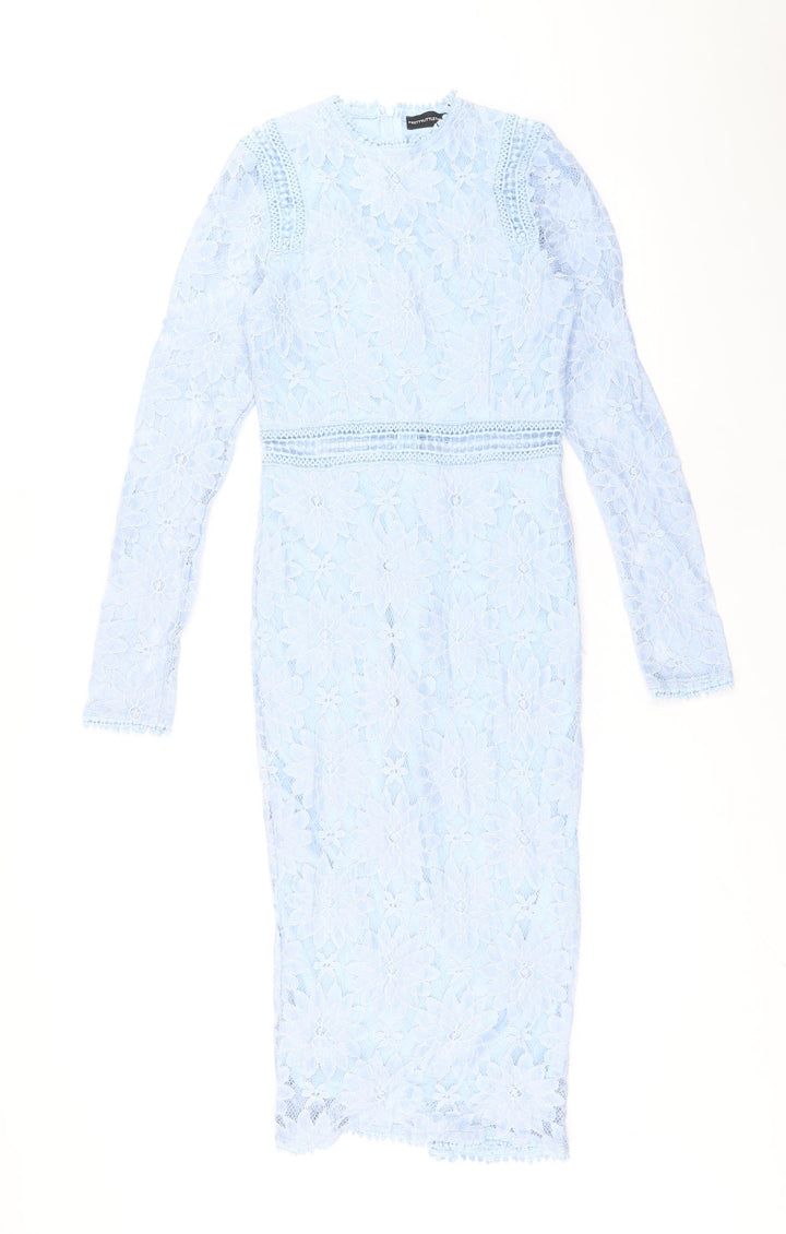PRETTYLITTLETHING Womens Blue Polyamide Pencil Dress Size 6 Round Neck Zip