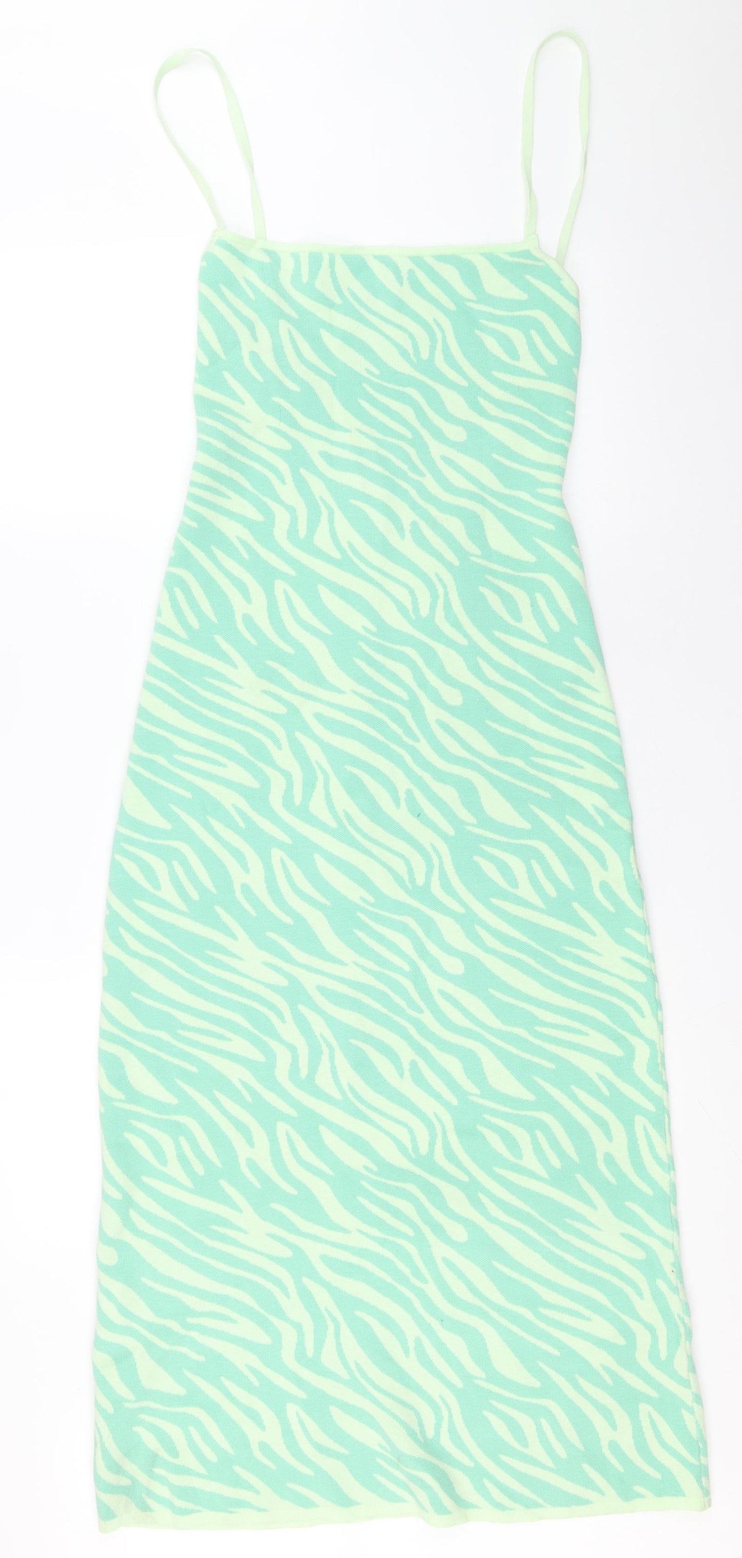 Zara Womens Green Animal Print Viscose Slip Dress Size L Square Neck Tie - Tiger print