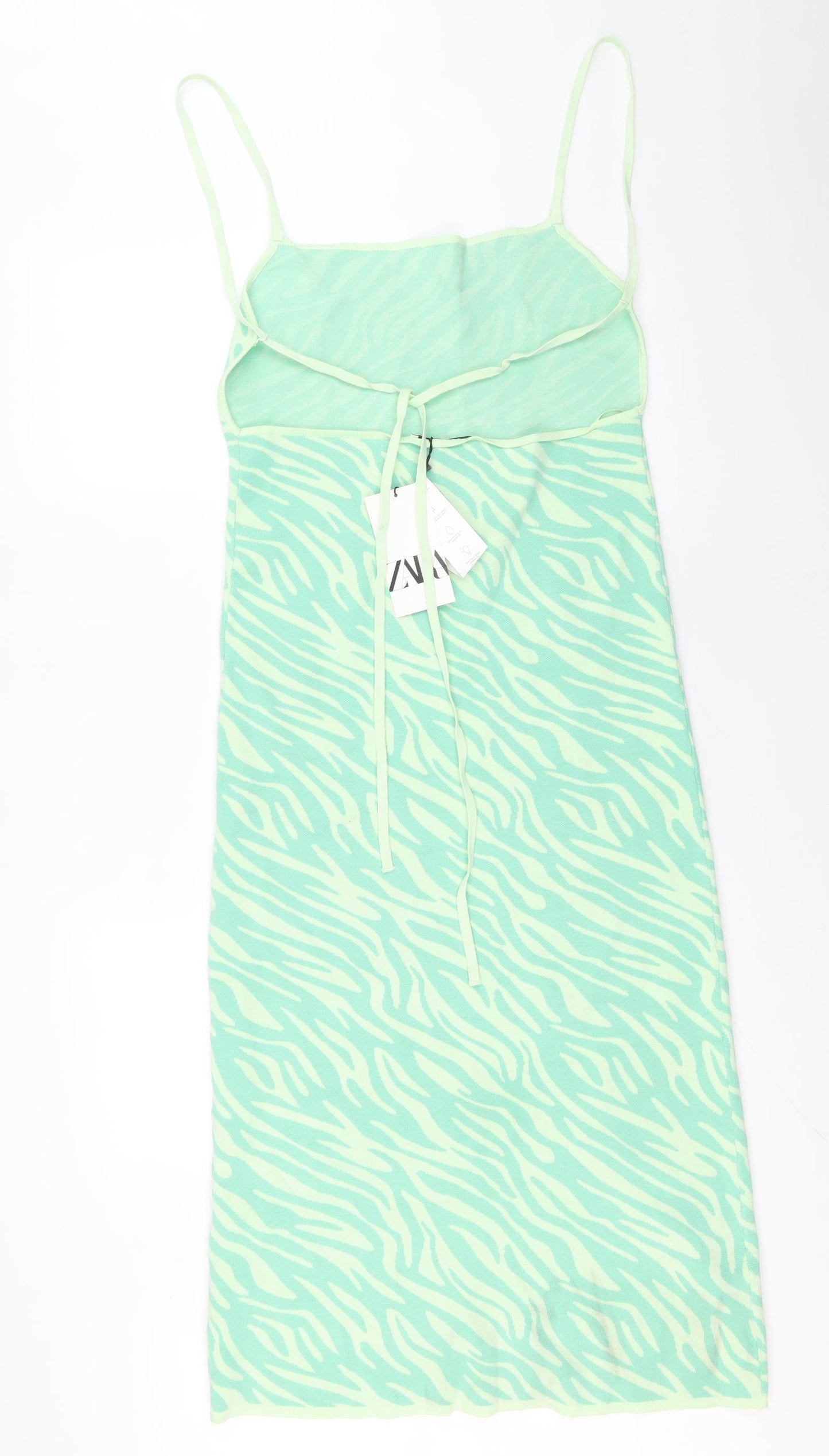 Zara Womens Green Animal Print Viscose Slip Dress Size L Square Neck Tie - Tiger print